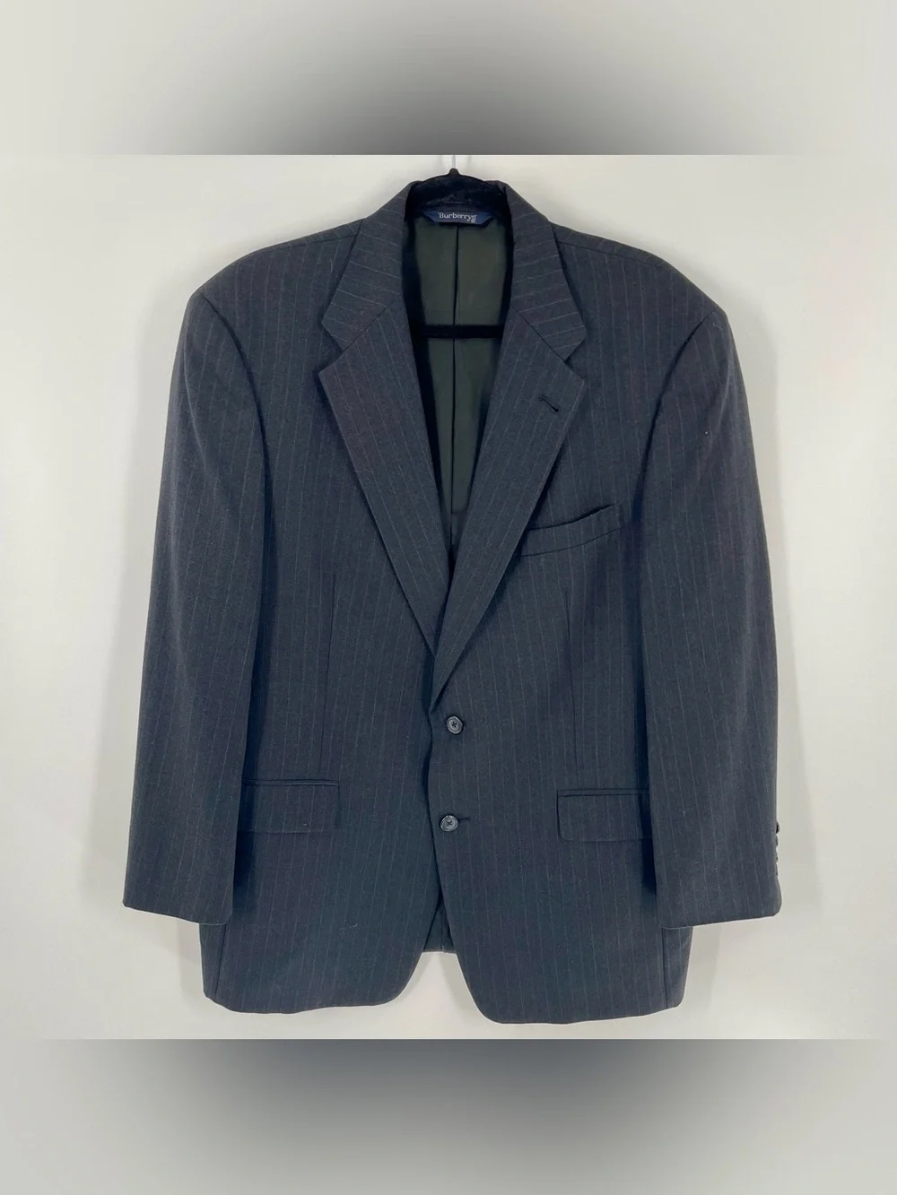 Burberry Vintage Charcoal Grey Pinstriped 2 Button Wool Lined Blazer Jacket